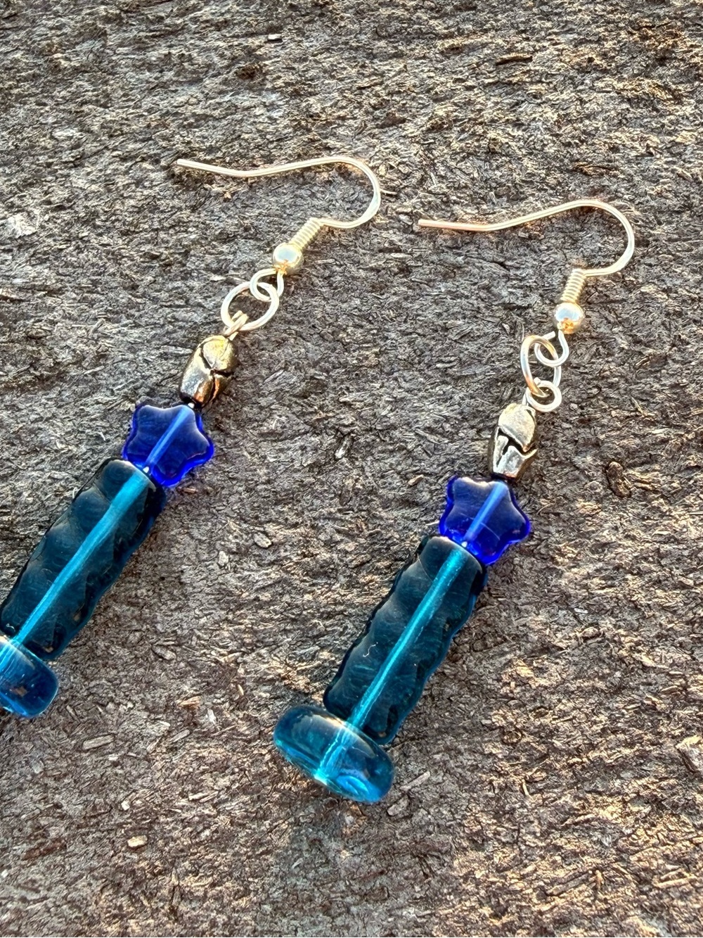 Vintage Blue Glass Dangle Earrings - Gold Hooks